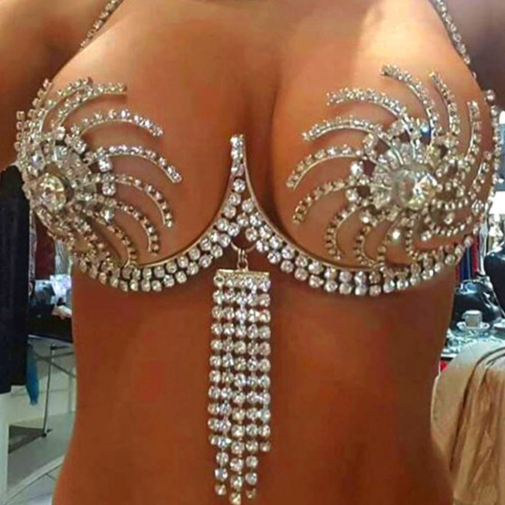 Rhinestone Chest Bracket Tassel Bra Chain Lingerie Crystal Bikini Body Jewelry